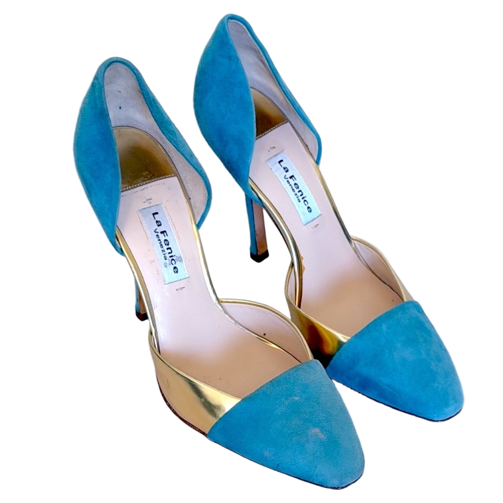 La Fenice Venezia Teal Suede Heels Gold Size 9.5